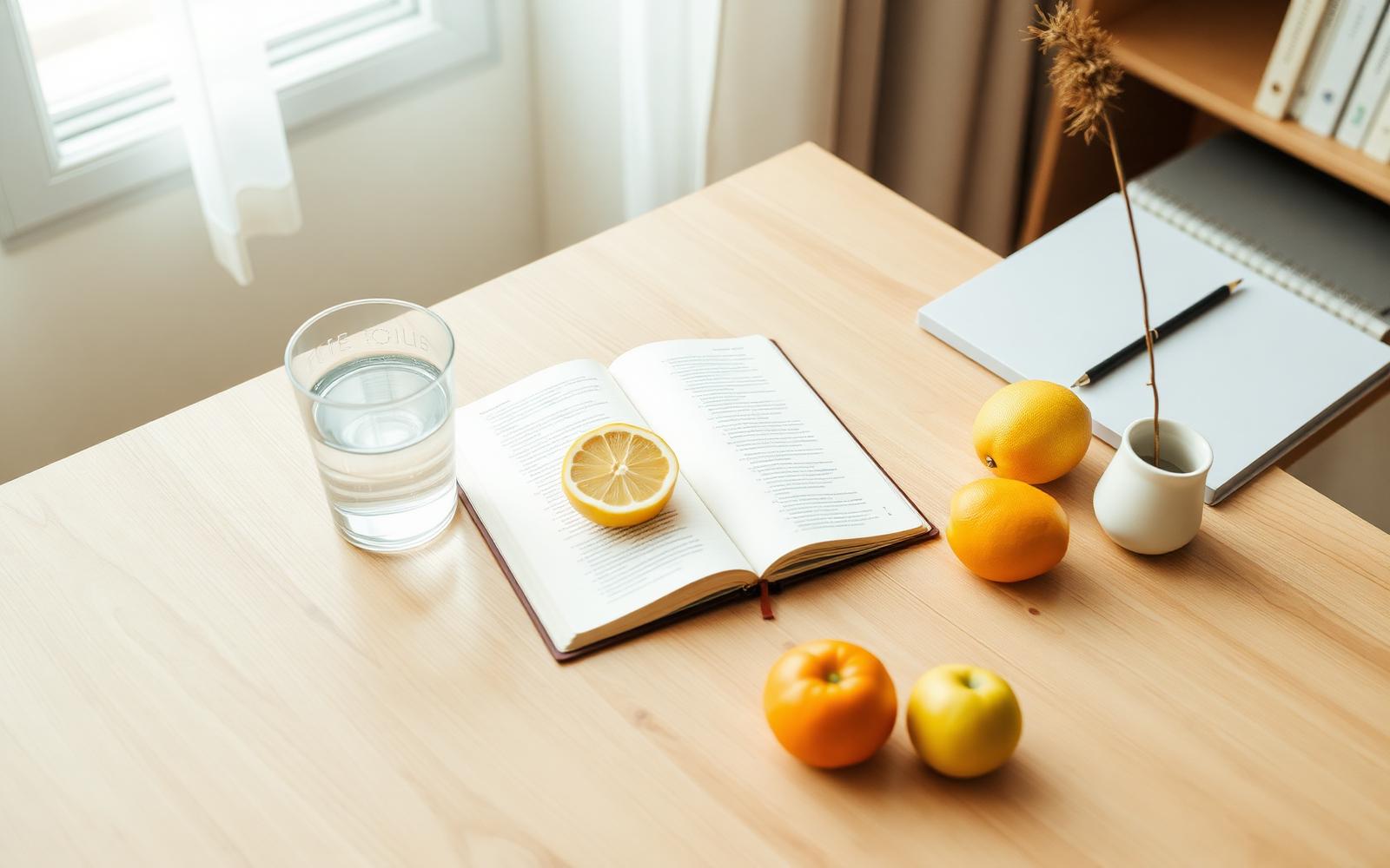 Mesa de consulta nutricional com caderno de anotações, copo com água e frutas frescas em ambiente acolhedor