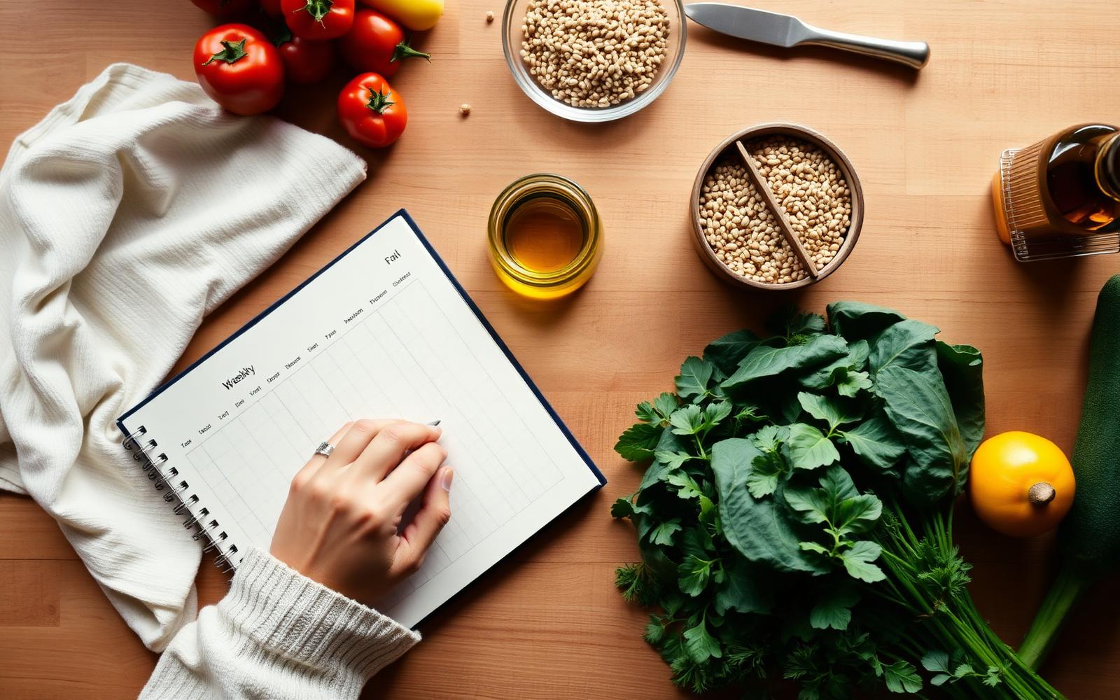 Mãos anotando um planejamento alimentar semanal ao lado de vegetais frescos, grãos e azeite