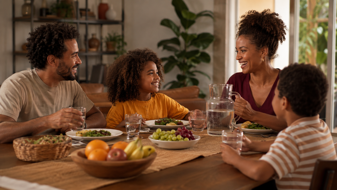 Família durante refeição com água e frutas disponíveis à mesa