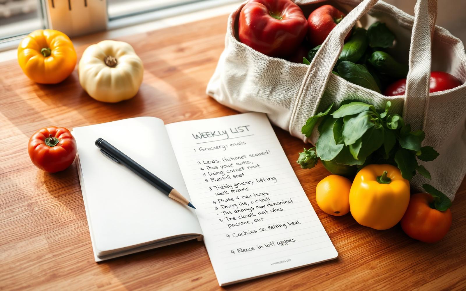 Caderno com lista de compras semanal escrita à mão ao lado de vegetais frescos e sacola de tecido