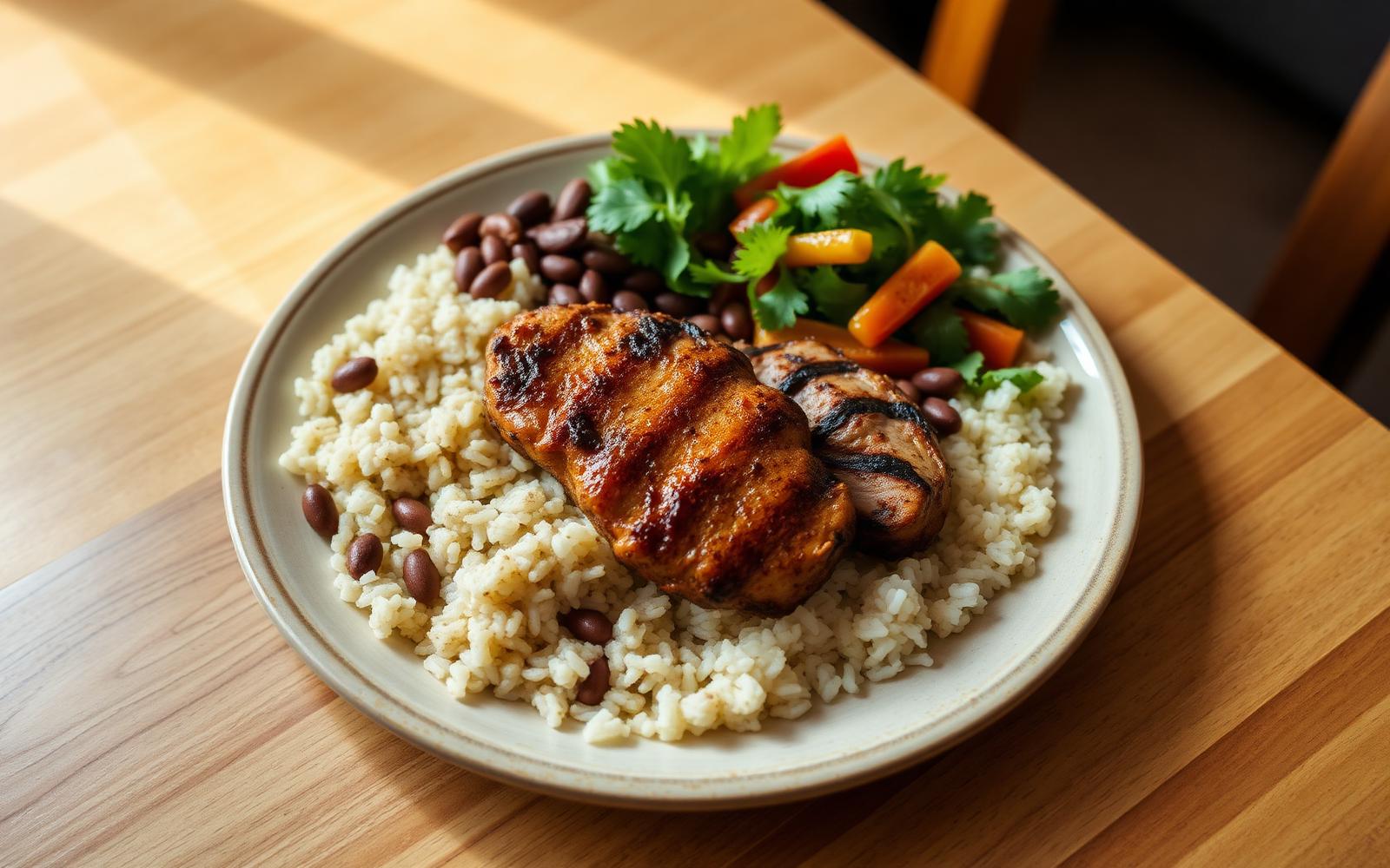 Prato equilibrado com arroz, feijão, frango grelhado e salada colorida servido em mesa de madeira