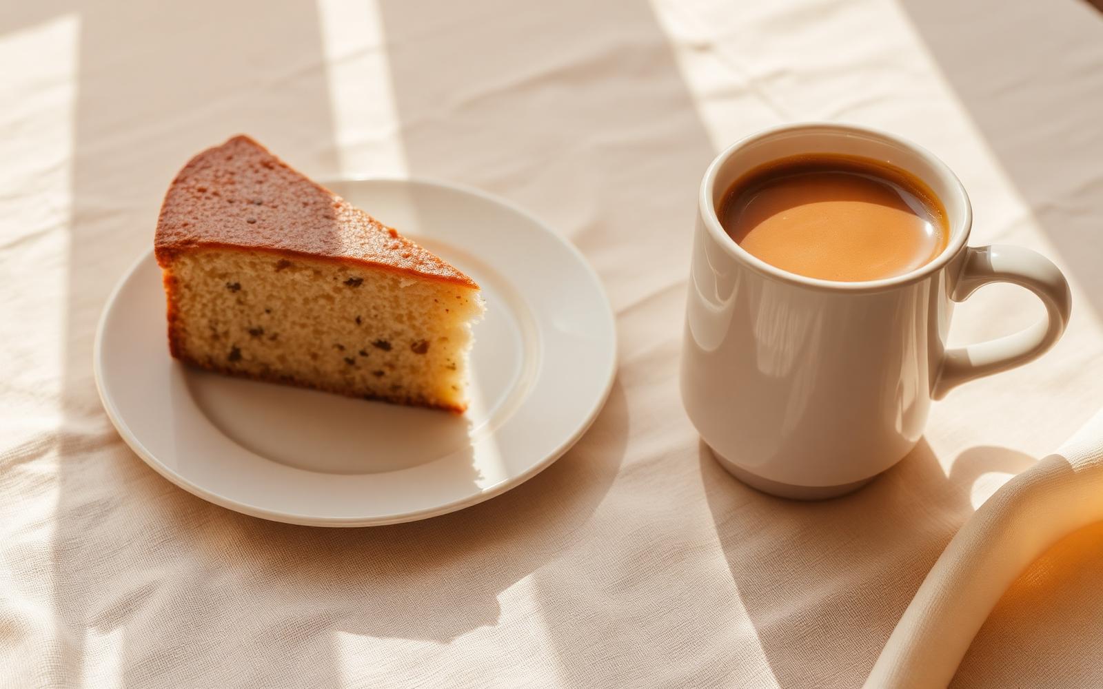 Fatia de bolo caseiro ao lado de uma xícara de café sobre toalha de linho, à luz suave da tarde