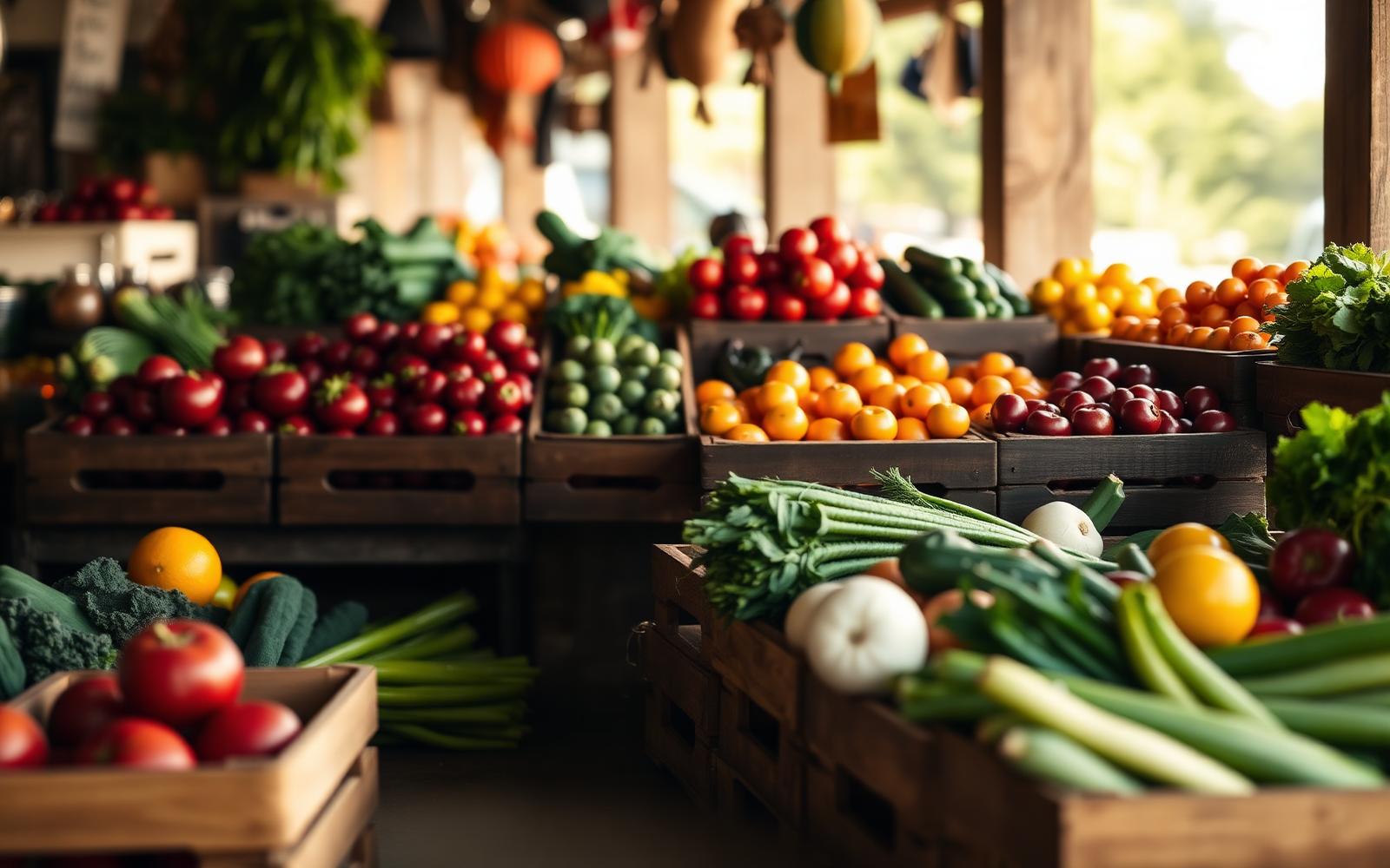 Feira livre com caixotes de madeira exibindo variedade colorida de frutas, verduras e legumes frescos