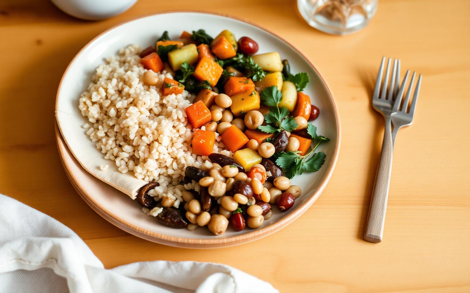 Prato de cerâmica com arroz integral, legumes assados, leguminosas e ervas frescas sobre mesa de madeira clara