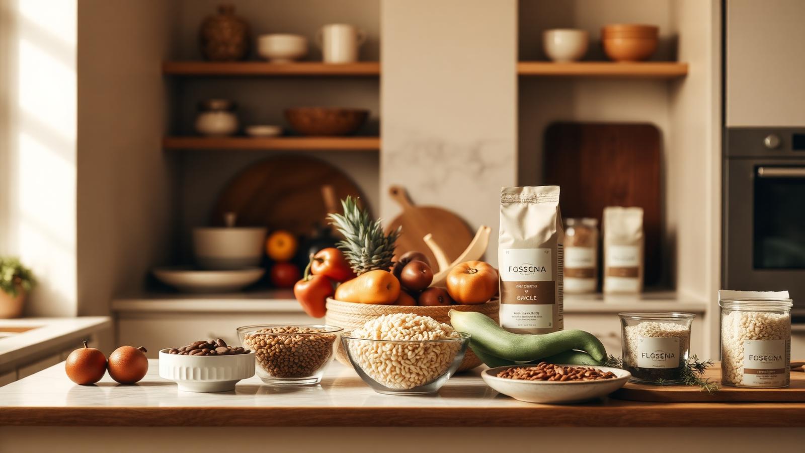 Alimentos frescos e produtos embalados organizados em uma cozinha