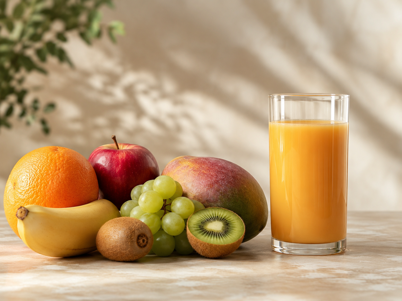 Frutas inteiras ao lado de um copo de suco em composição educativa