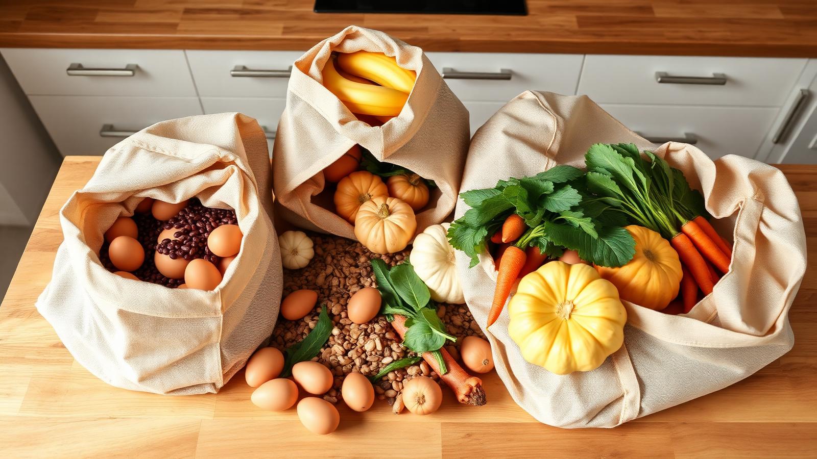Alimentos básicos e variados organizados sobre uma mesa