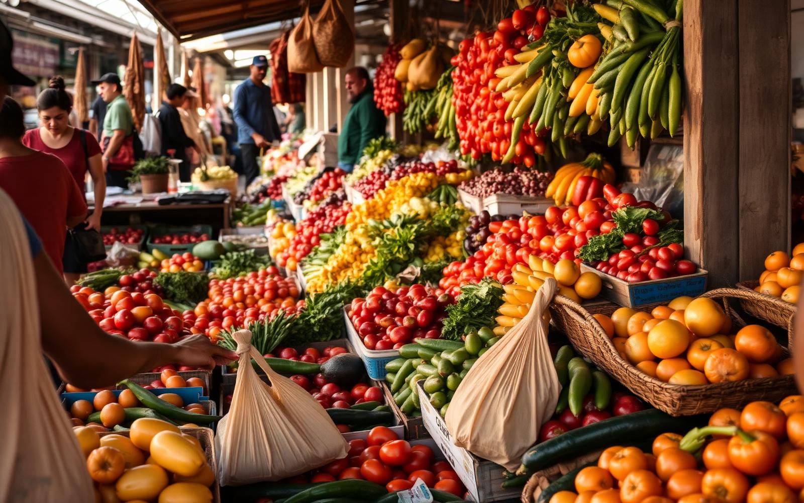 Pessoa escolhendo frutas e legumes da estação em uma feira