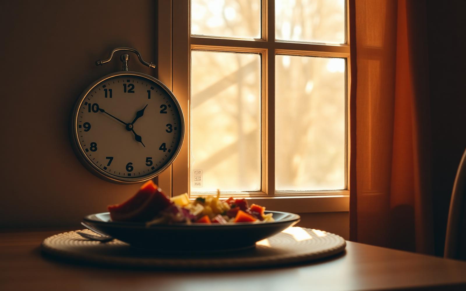 Relógio e refeição representando a relação entre alimentação e horário