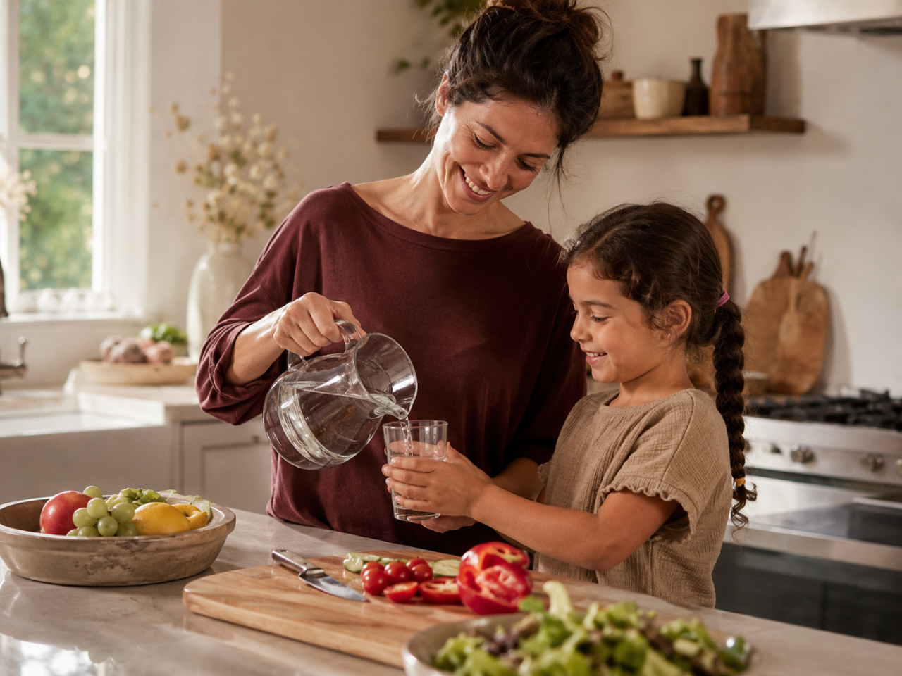 Família construindo hábitos alimentares durante momento cotidiano na cozinha